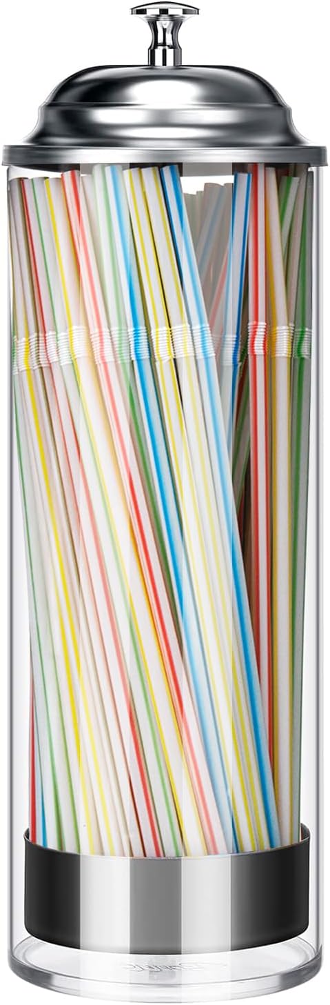 Glass Straw Holder Dispenser w/Lid, Clear Container for Counter