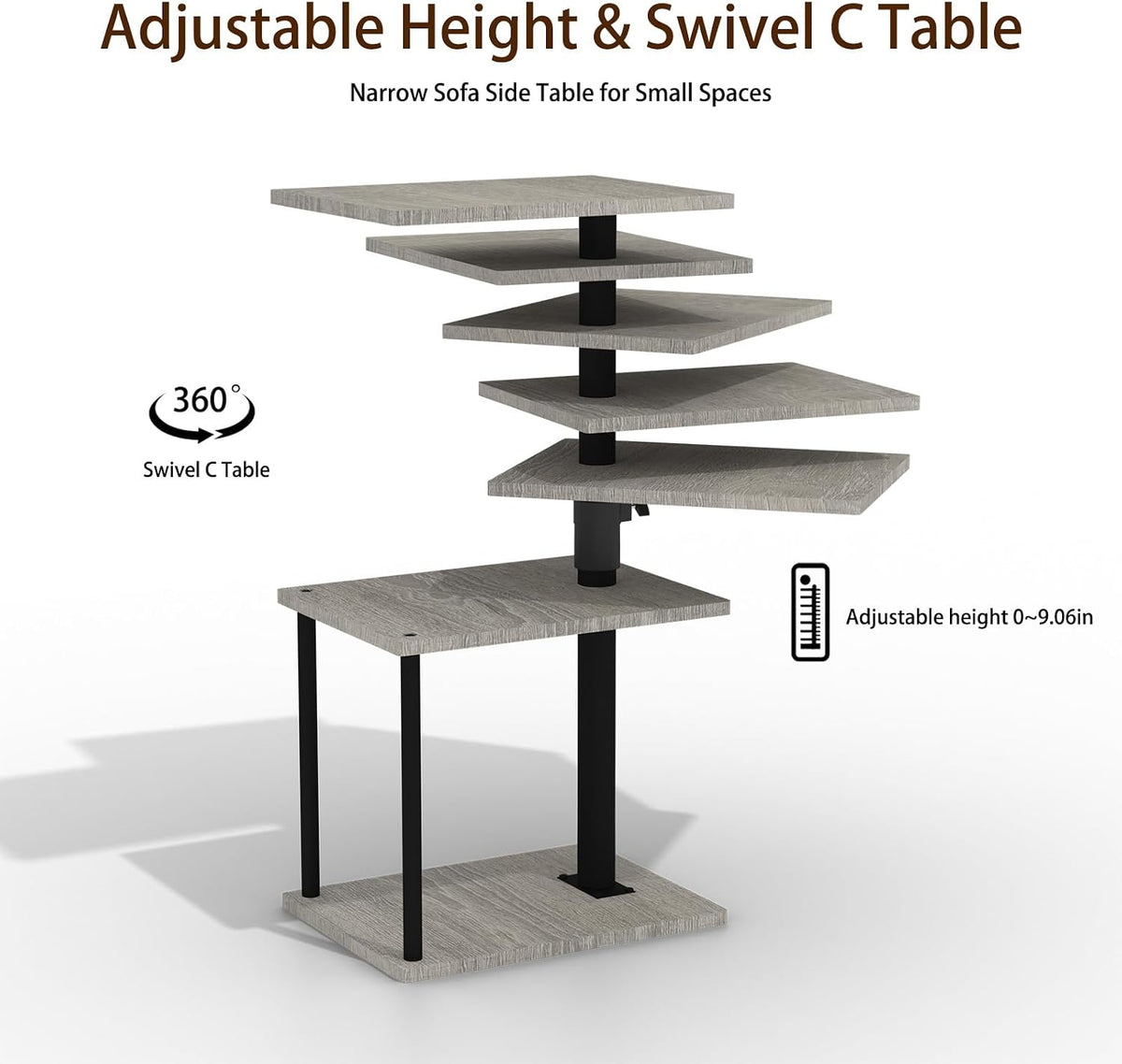 Faesun Swivel Side Table for Couch Arm, Height Adjustable C Table for Recliner or Bed, Tv Trays with Storage Shelf for Small Spaces- Small Nightstand Table for Living Room, Bedroom