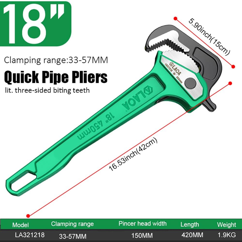 LAOA 18 inch Quick Adjust Pipe Wrench, Heavy Duty Aluminum Handle Plumbing Tool with Three-Sided Grip Teeth, Ratcheting Pipe Wrench for Plumbers, HVAC, Pipe Repair and Home Maintenance