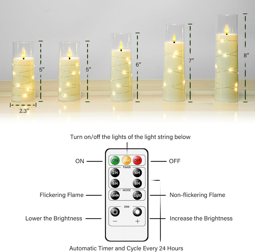 kakoya Flameless LED Candles with Timer 5 Pc Flickering Flameless Candles for Romantic Ambiance and Home Decoration Stable Acrylic Shell,with Embedded Star String，Battery Operated Candles（Ivory）