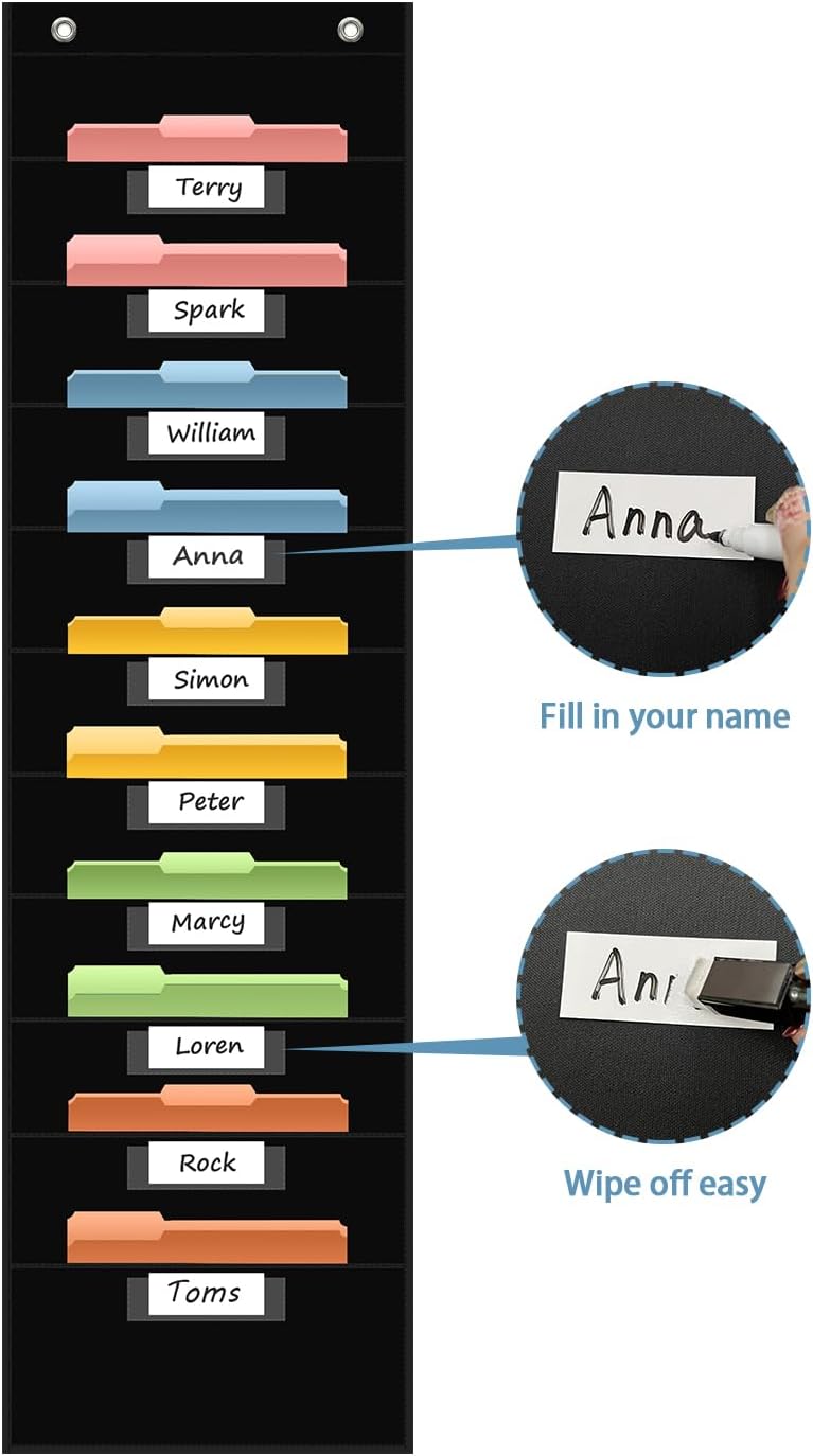 10 Pocket Hanging Wall File Organizer with 10 Nametag Pockets, File Pocket Chart for Classroom and Office. Perfectly Stores Assignments, Files, Scrapbooks, and Documents.