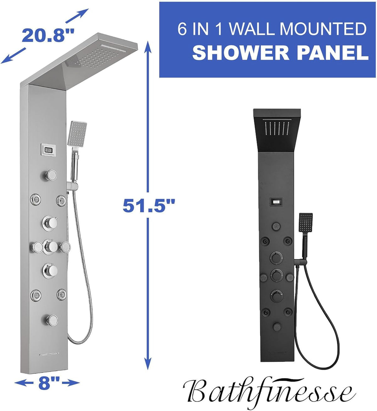 6 IN 1 Shower Panel Tower System Stainless Steel Wall Mounted
