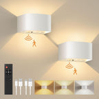 FULEN Motion Sensor Wall Light with Remote Control 3 Colors Wireless Wall Sconces LED Indoor Up and Down Wall Lamp 5000mAh Rechargeable Battery Powered Wall Lamps Brightness Adjustable, White 2 Pack