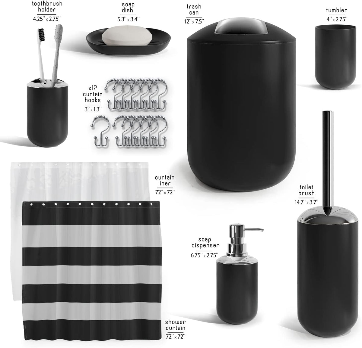 Clara Clark Bathroom Set - Black Bathroom Accessories Set, 20PC Bathroom Accessory Set, Shower Curtain Set, Soap Dispenser, Toilet Brush, & Trash Can