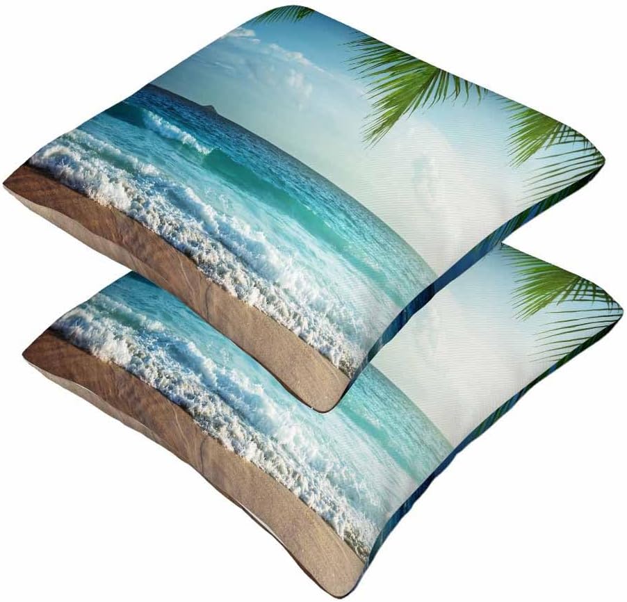 Tropical Palm Tree Green Throw Pillow Covers 18x18 Set of 2,Carribean Coastaline Beach Ocean Waves Decorative Pillow Covers for Sofa Couch Living Room Soft Home Decor,Outdoor Cushion Cases