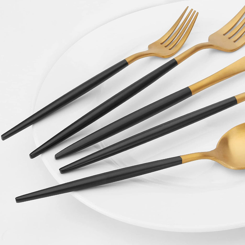 Matte Gold Silverware Set with black handle, Vanys 30 Piece Stainless Steel Cutlery Flatware Set, Kitchen Utensil Sets for 6, Tableware With Knife Spoons And Forks Set, Satin Finished Polished