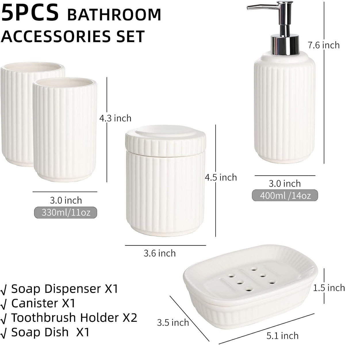 White Bathroom Accessory Set 5PCS, Ceramic Bathroom Accessories Set, Classic Design Bathroom Accessories Sets Complete, Home Apartment Modern Bathroom Decor Vanity Countertop, ANTIS'S HOME