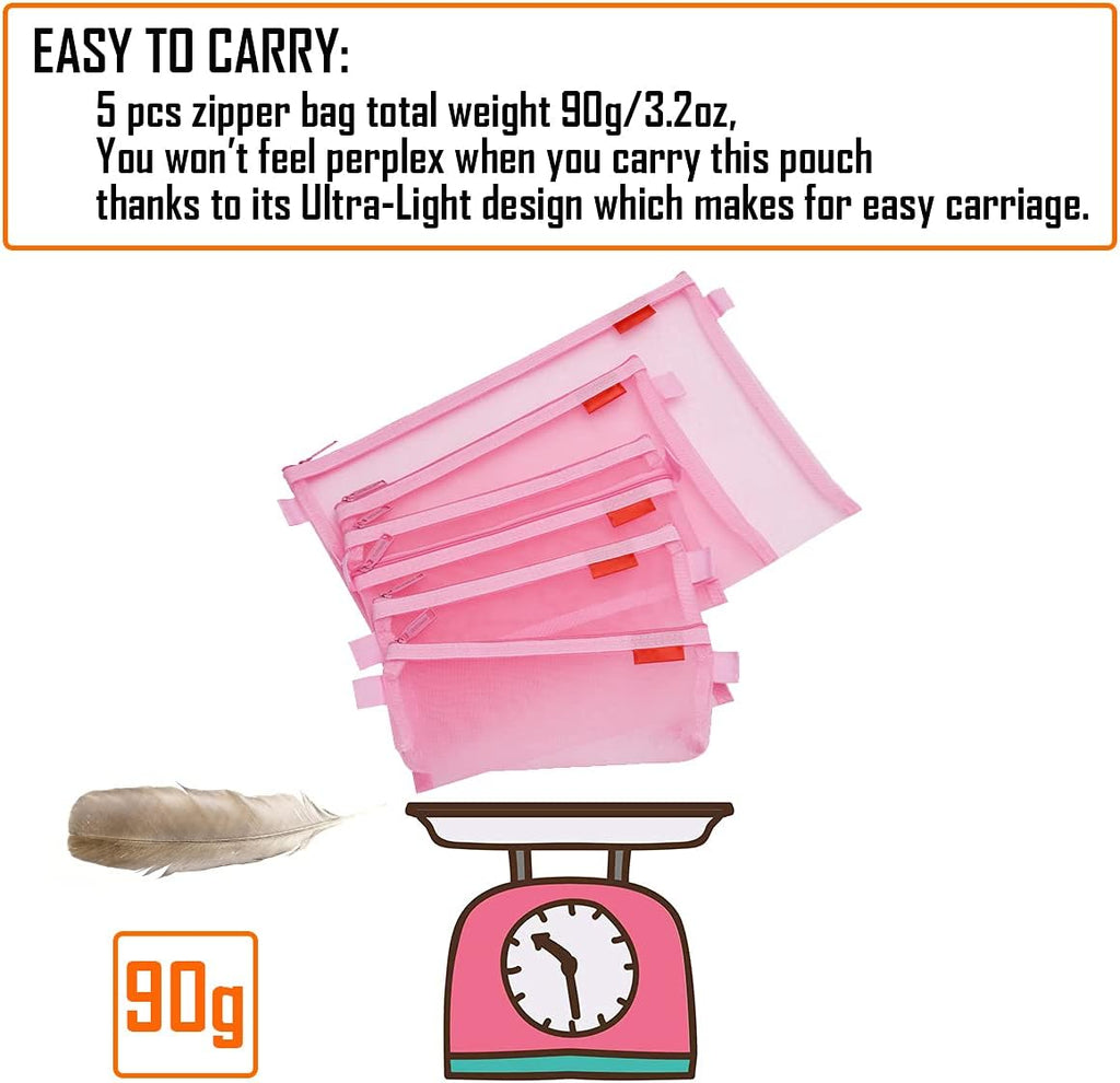 Zipper Mesh Bags, 5 Pack Pencil Pouch Set, Lightweight Nylon, Pink