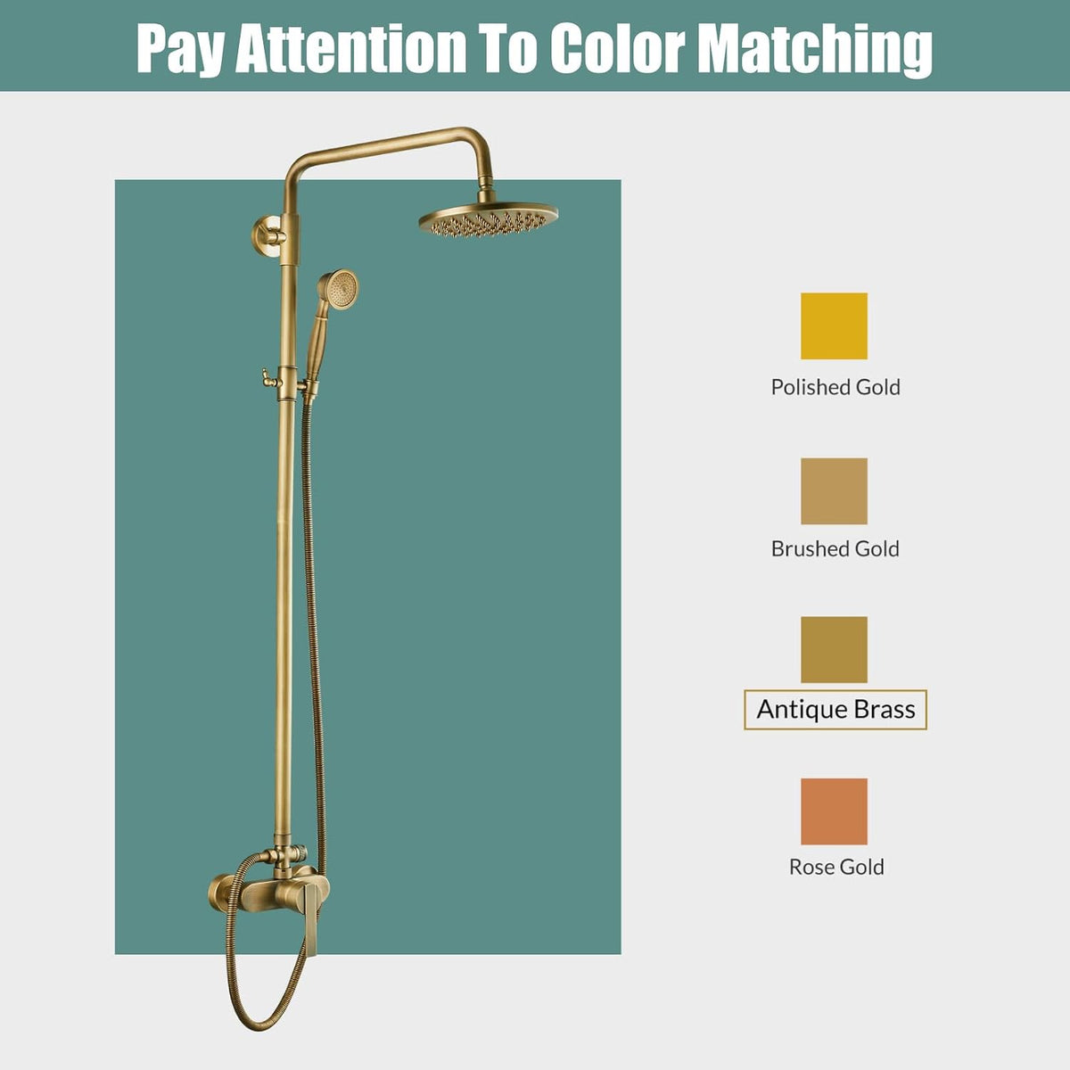 Heyalan Exposed Shower System, 8 Inch Rain Head, Handheld,Antique Brass