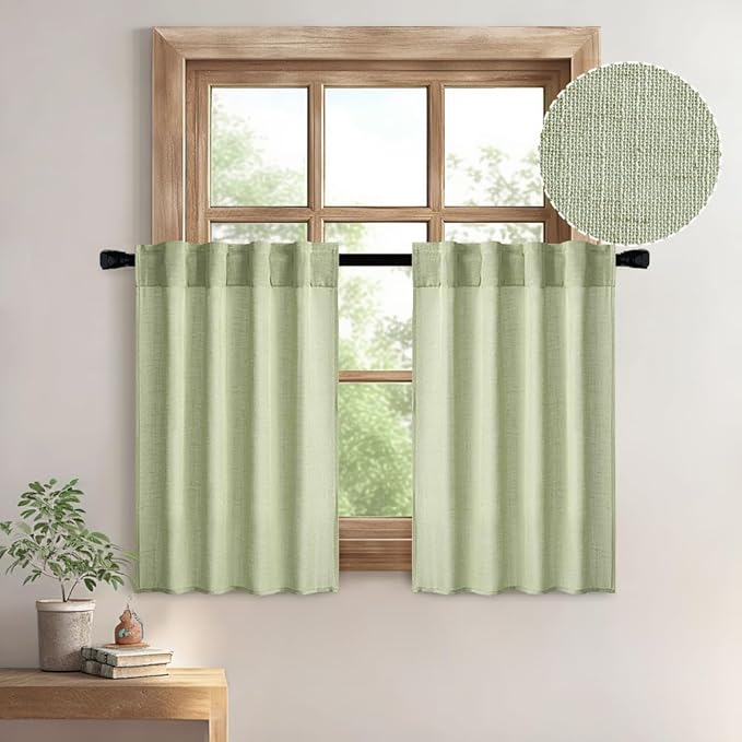 MIULEE Sage Green Kitchen Curtains 36 Inch Length 2 Panels, Soft Thick Linen by MIULEE
