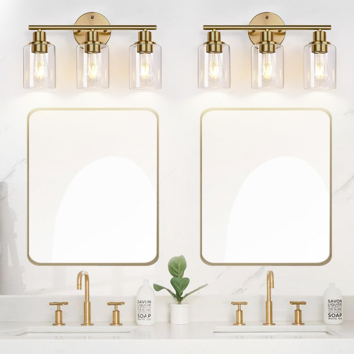 3-Light Gold Bathroom Light Fixtures, Modern Bathroom Vanity Light with Clear Glass Shade, Brushed Gold Bath Wall Mount Lights, Wall Lamp for Mirror Kitchen Bedroom Hallway Living Room Hallway
