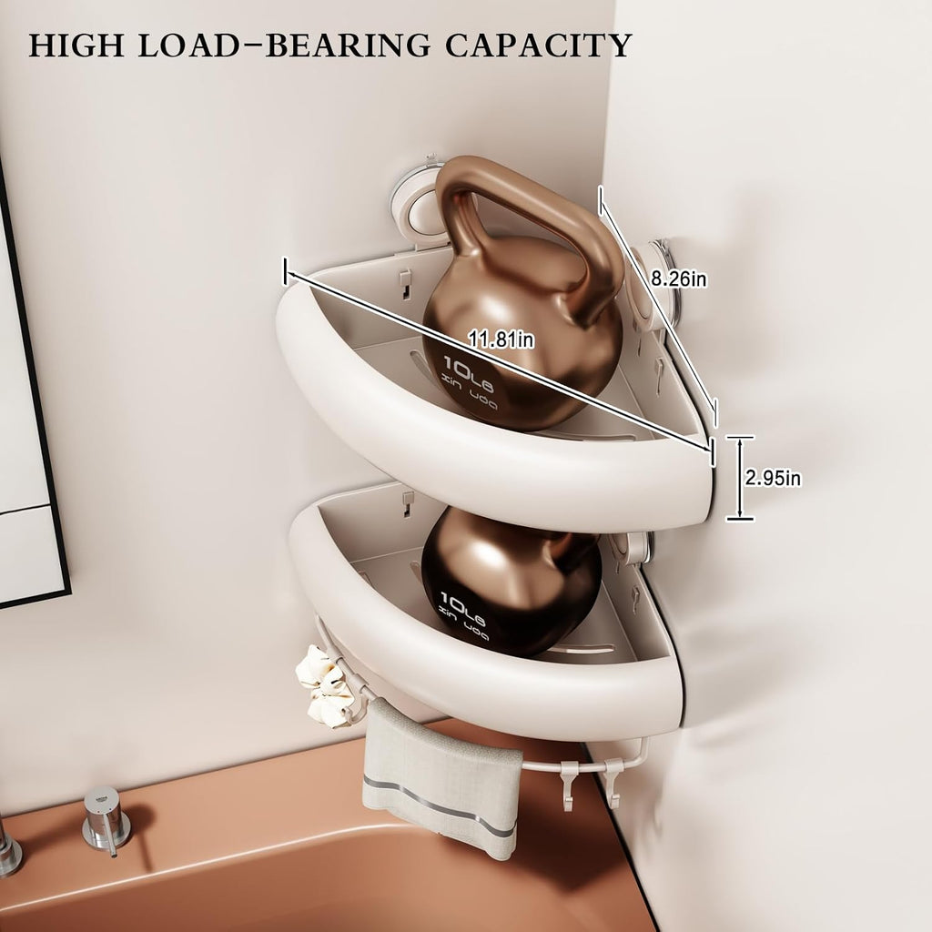 Shower Caddy Suction Cup, 2 Pack No Drilling Corner Shower Shelves, Rust Proof Bathroom Storage Organizer, Shower Corner Caddy with Removable Hooks and Towel Bar, Triangle, Cream