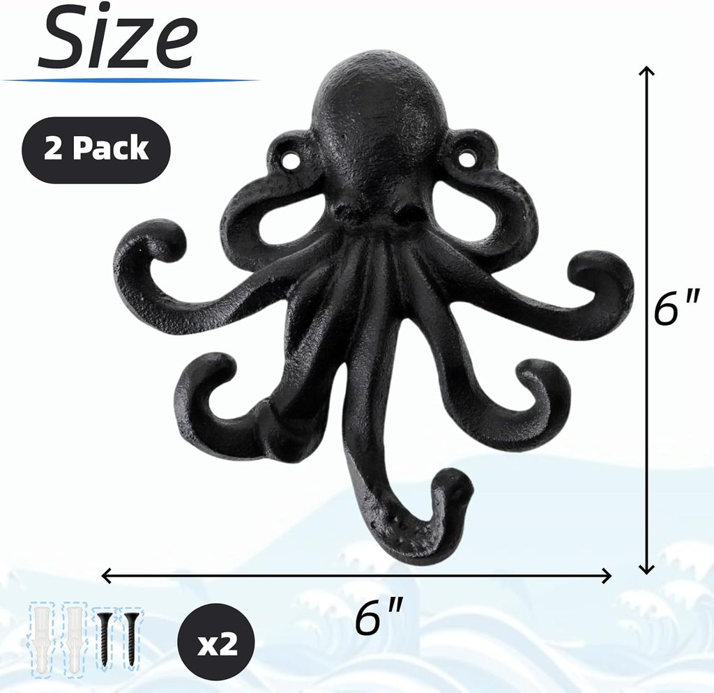 Dicunoy 2 Pack Heavy Duty Octopus Hooks, Cast Iron Wall Mounted Key Holder, Nautical Towel Hook Decorative Coat Hangers with Screw for Bags Purses Scarves Home Decor, 6" H