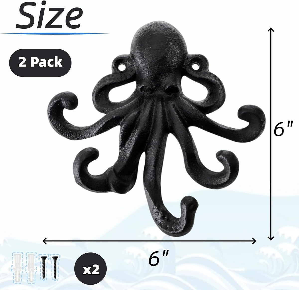 Dicunoy 2 Pack Heavy Duty Octopus Hooks, Cast Iron Wall Mounted Key Holder, Nautical Towel Hook Decorative Coat Hangers with Screw for Bags Purses Scarves Home Decor, 6" H