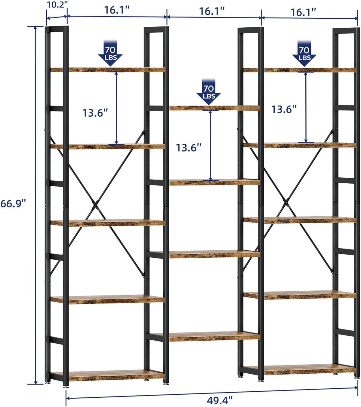 NUMENN Triple Column 5 Tier Bookshelf with 14 Adjustable Shelves, Vintage