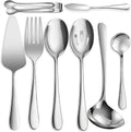 8 PCS Stainless Steel Serving Utensils, Large Serving Spoons Slotted Spoons, Forks, Ice Suger Tongs, Cake Server, Soup Ladle, Metal Utensils Set Great for Buffet Catering Banquet Party, Silver