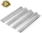 AMAGABELI 2 Pack Baguette Bread Pan 15" x 13" Nonstick Perforated Baguette Tray French Bread Baking 4 Wave Loaf Bake Mold Toast Cooking Baker Molding Gutter Oven Toaster Dishwasher Safe Silver