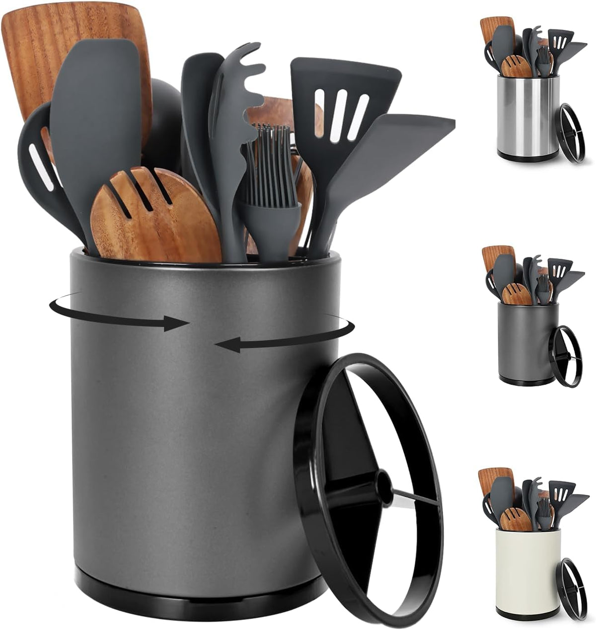 Nigelia Extra Large Kitchen Utensil Holder, 360° Rotating Stainless Steel Cooking Utensil Holder for Countertop, 3 Compartment Flatware Organizer & Cooking Caddy with Removable Base（Black）