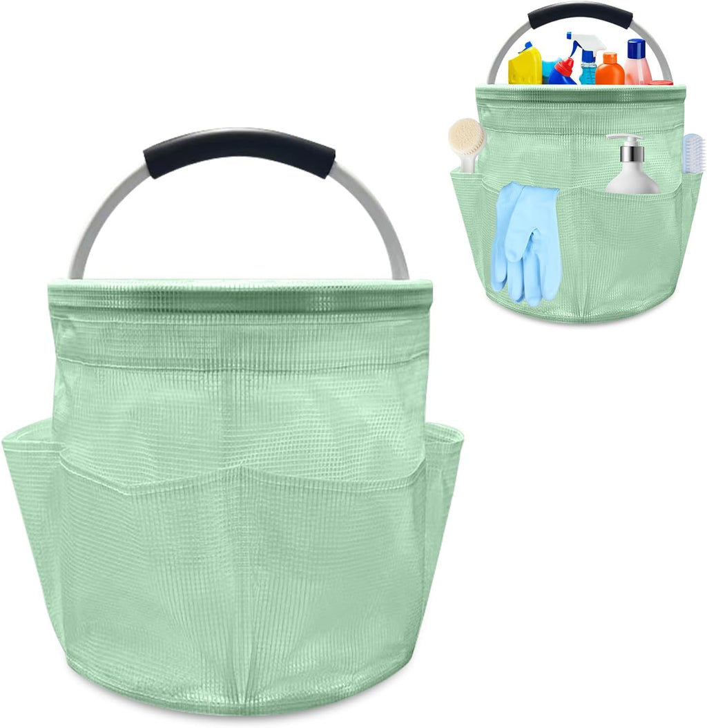 17L Cleaning Caddy with Handle, Foldable Cleaning Supply Caddy with 6 Pockets Cleaning Caddy Bag for Outdoor Camping Garden Harvest Basket Bathroom Storage (Clear Green)