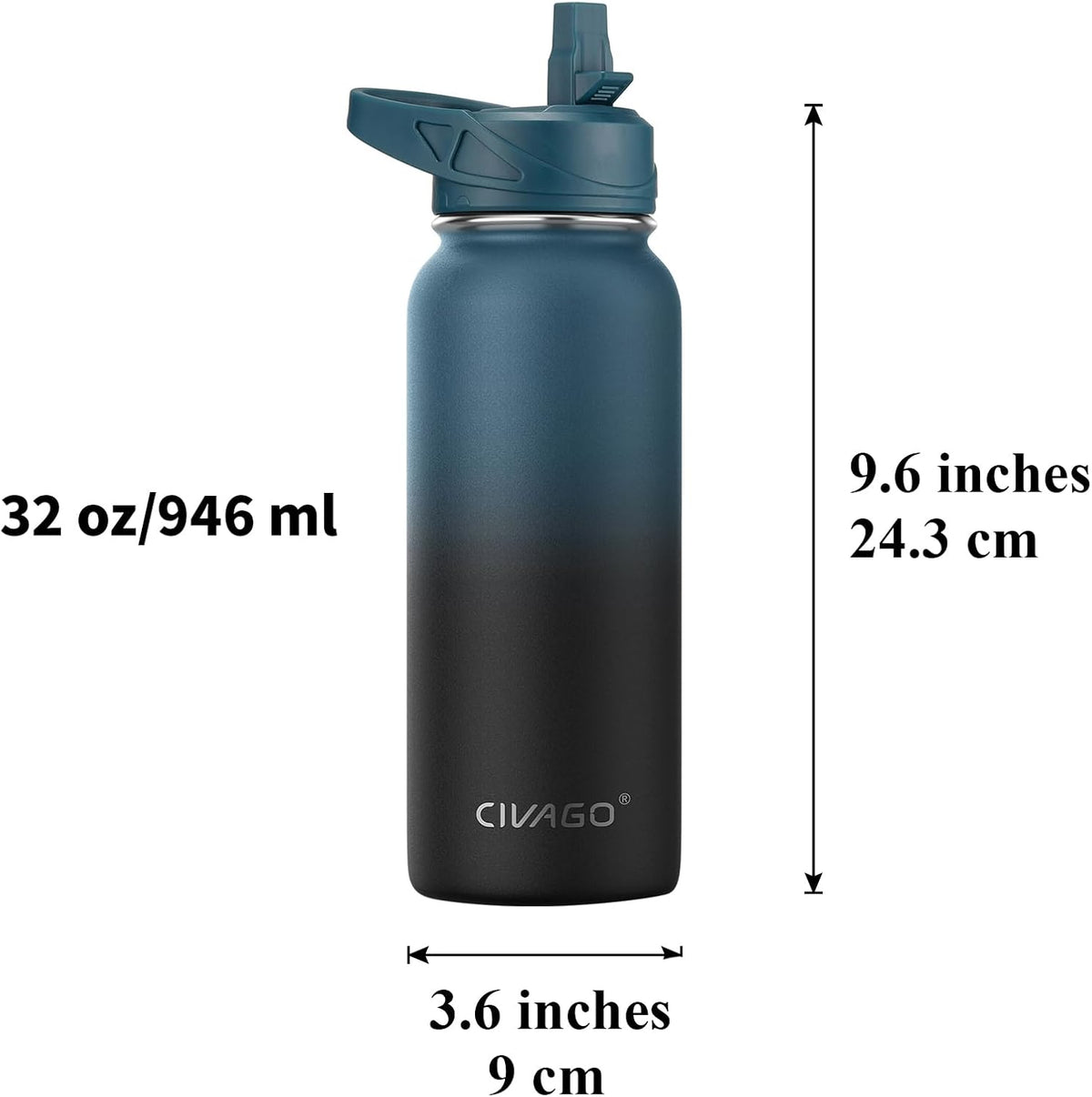 CIVAGO 32 oz Insulated Stainless Steel Water Bottle With Straw and 3 Lids