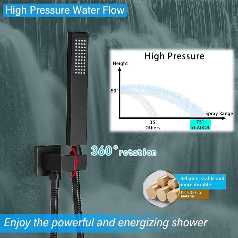 Shower Faucet Set Complete, Wall Mount Shower System for Bathroom 12 Inch High-Pressure Rainfall Shower with Handheld, Rough-in Valve Body and Trim Kit, Matte Black