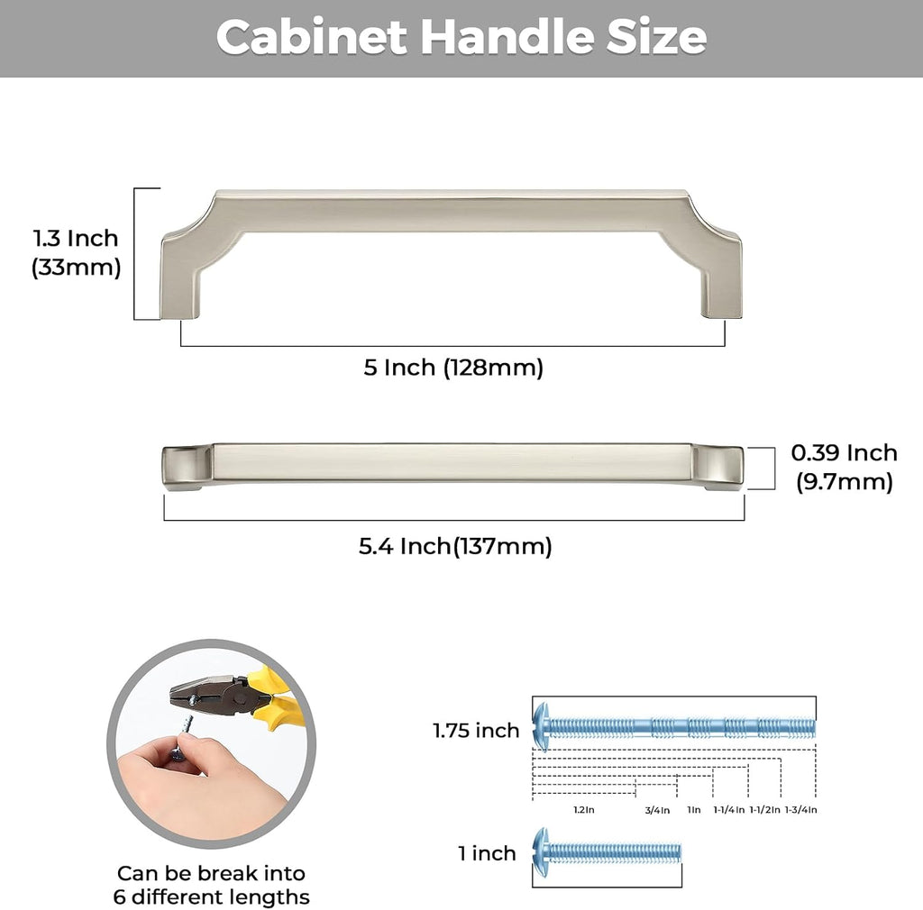 5 Pack Brushed Nickel Cabinet Handles, 5" Solid Kitchen Drawer Pulls