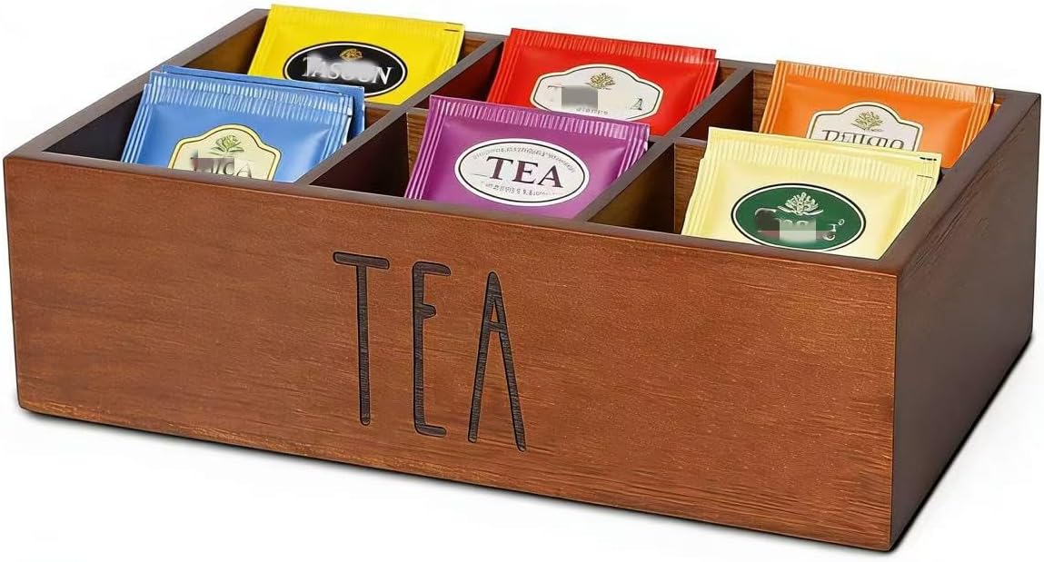 LBEMEY Tea Bag Organizer, Wood Tea Storage Containers with 6 Compartments, Sugar Packet Holder,Tea Bag Caddy Box for Cabinet Countertop Office (Brown- Labeled "TEA")