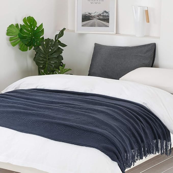 BOURINA Navy Throw Blanket 60x80 Inches Throw Textured Solid Soft Sofa Throw - Image 4