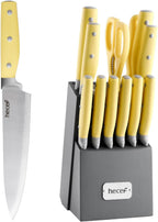 hecef 14 PCS Kitchen Knife Set with Pine Wood Block (Yellow)
