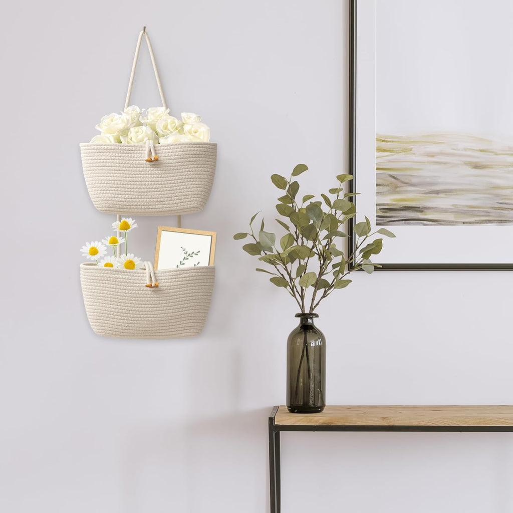 Over the Door Hanging Baskets with Button Strap, 3-Tier Woven Cotton Storage Organizer Bag, Wall-Mounted with Hook Decorative Hanging Kitchen Baskets - White