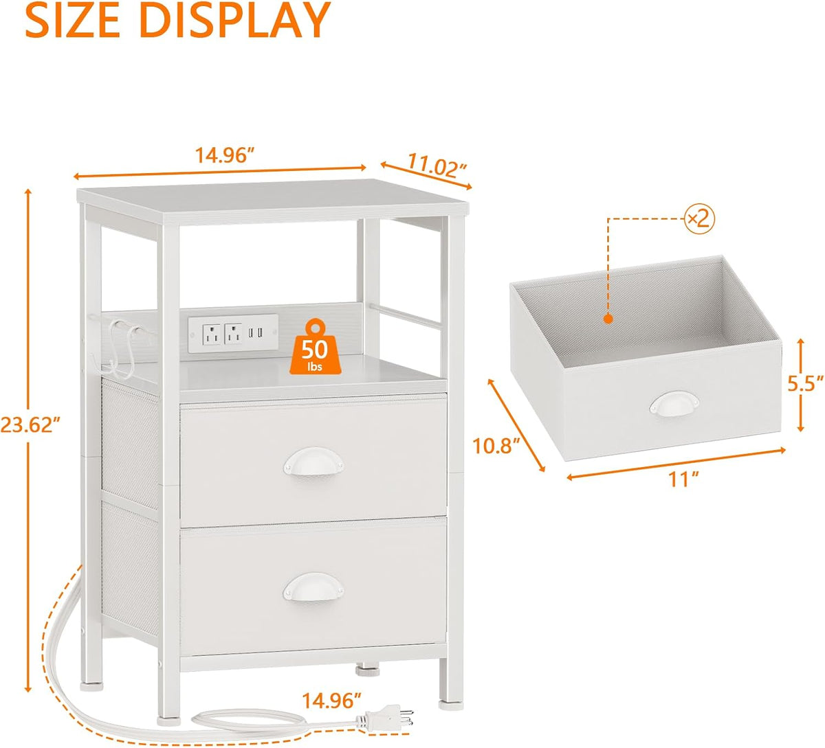 Furologee Night Stand with Charging Station, 2 Fabric Drawers, White
