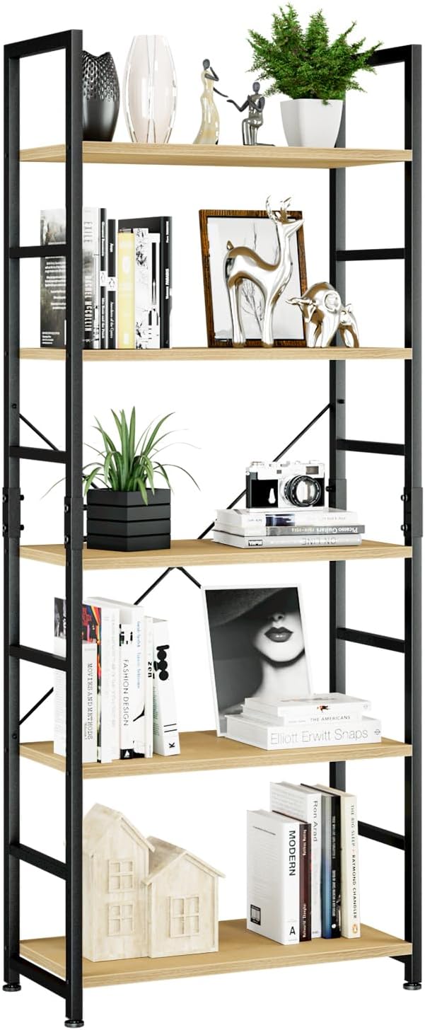 NUMENN 5 Tier Bookshelf, Tall Freestanding Open Storage Bookcase, Natural