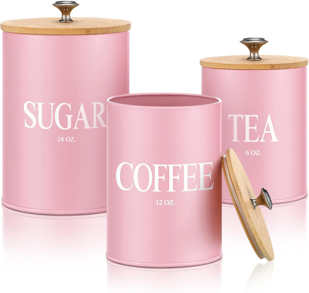 Blushtier 3 Pack Pink Metal Kitchen Canister Set 6, 12, 24 oz