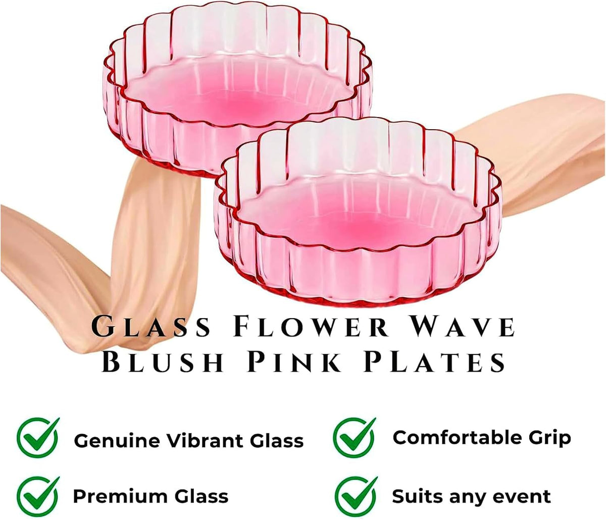 Khen Glass Flower Wave Colored Plates | Set of 2 | Blush Pink Green 5.9" Dinner or Dessert Plate, Appetizer, Snack, Fruit, Wavy Serveware | Vintage Art Deco Hand Wash Housewarming Gift