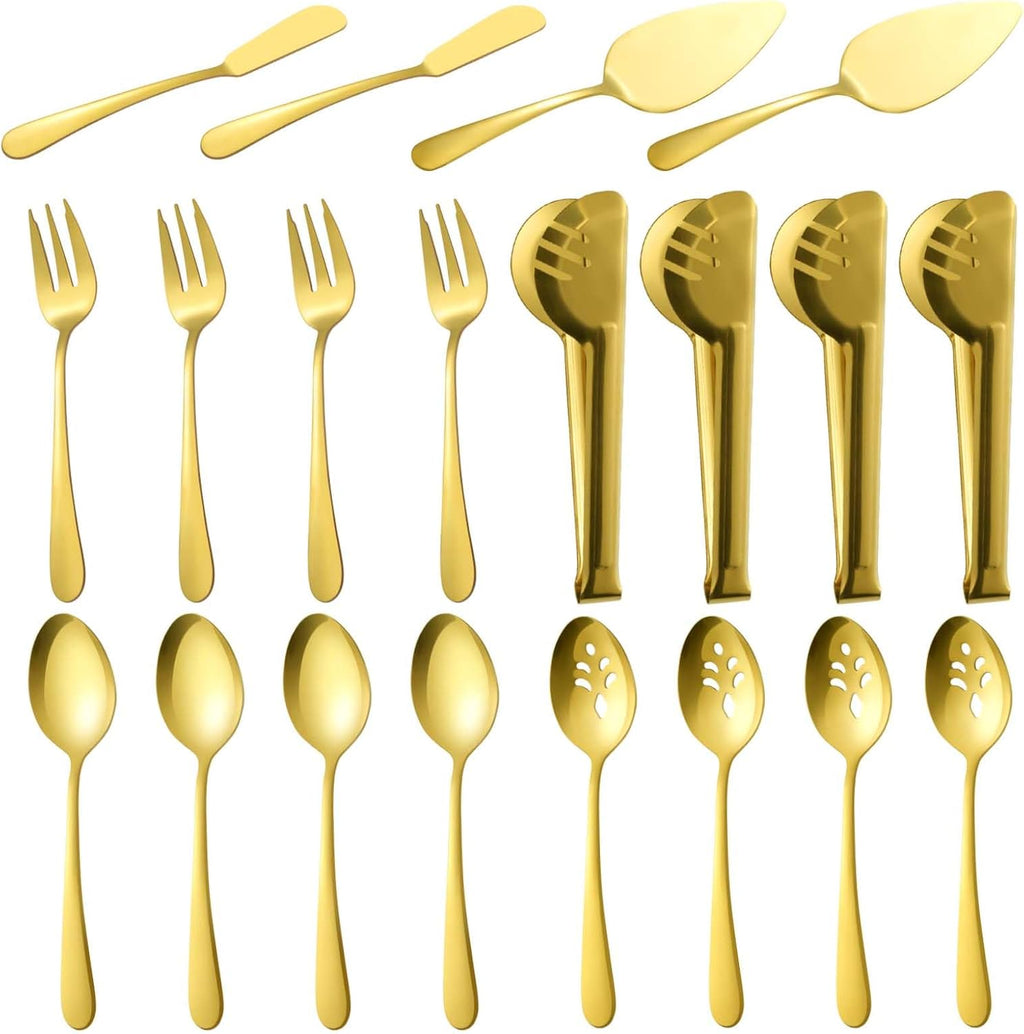 BEWOS Black 20-Piece Serving Set, Black Slotted Spoons & Tongs, Forks, Cake Server & Butter Knife, Stainless Steel, Dishwasher Safe