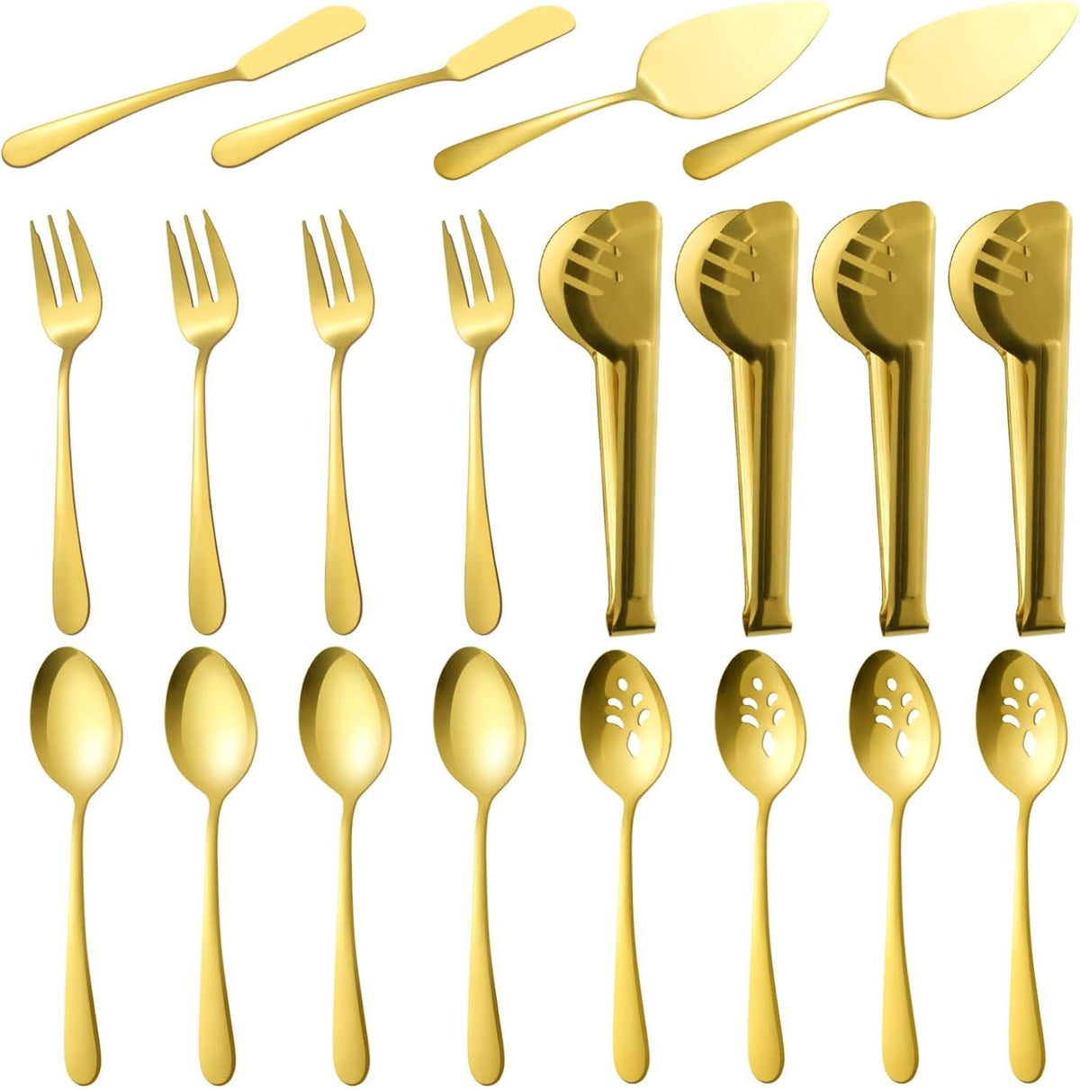 BEWOS Black 20-Piece Serving Set, Black Slotted Spoons & Tongs, Forks, Cake Server & Butter Knife, Stainless Steel, Dishwasher Safe
