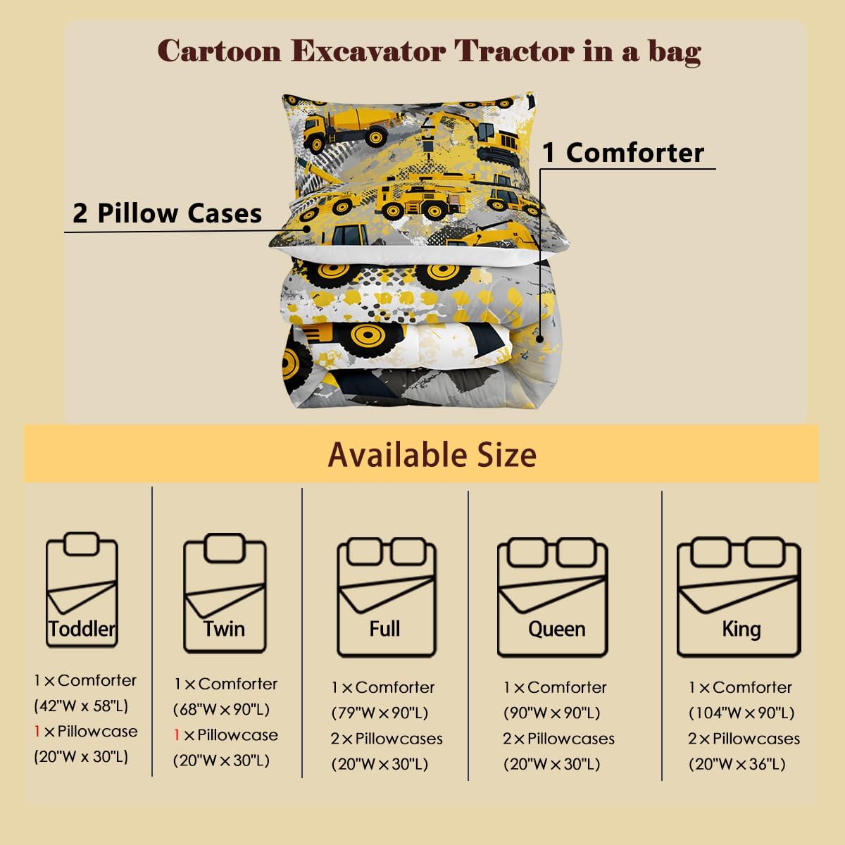 Feelyou Boys Construction Bedding Set Full Size Comforter for Kids Tractor Trucks Comforter Set Toddler Room Decor Car Bed Cartoon Excavator Quilted with 2 Pillow Cases