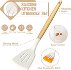 Umite Chef Silicone Kitchen Utensil Set, 34PCS Heat Resistant Kitchen Gadgets and Tools With Grater, Cream White Wood Handles for Nonstick Cookware