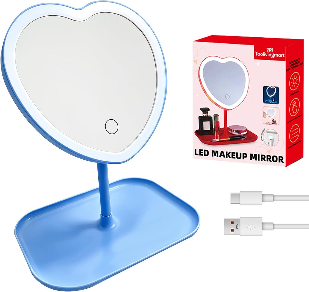 Heart Vanity Mirror, 3 Light Colors, Blue