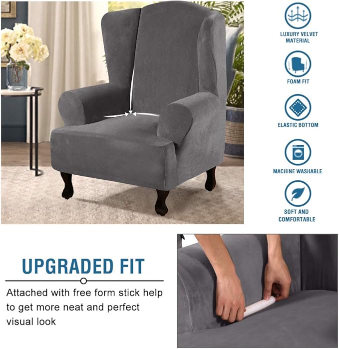 H.VERSAILTEX Wingback Chair Covers Velvet Plush Wing Chair Slipcover 1 Piece - Image 4