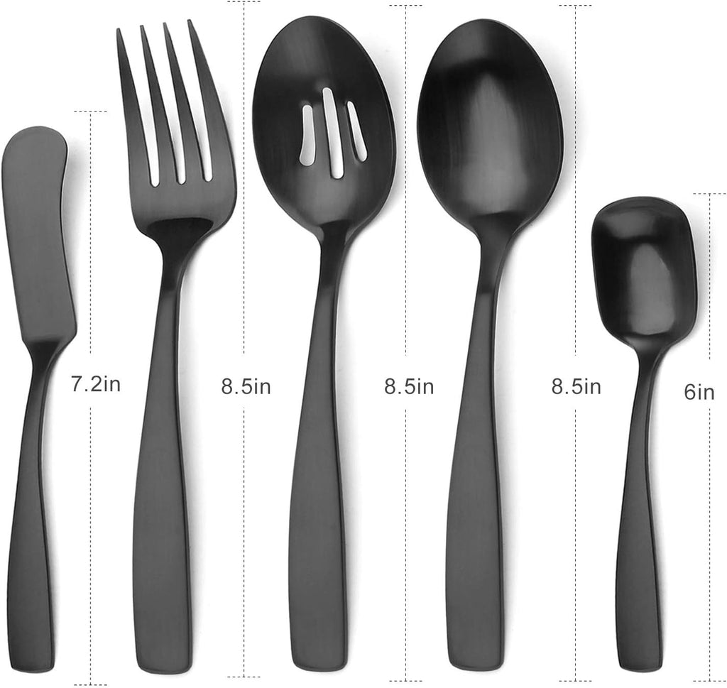 Bysta Serving Utensils Set, Matte Black 5-Piece Hostess Set, Stainless Steel Silverware Flatware Cutlery Serving Set, Satin Finish, Dishwasher Safe