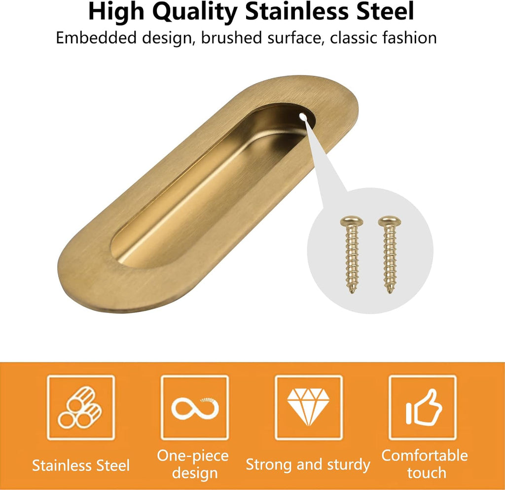 MOROBOR 2Pcs Brushed Gold Stainless Steel Side Hole Flush Pull, Oval Embedded Sliding Door Handle Recessed Finger Pulls with Hidden Screws for Drawer Cupboard Wardrobe