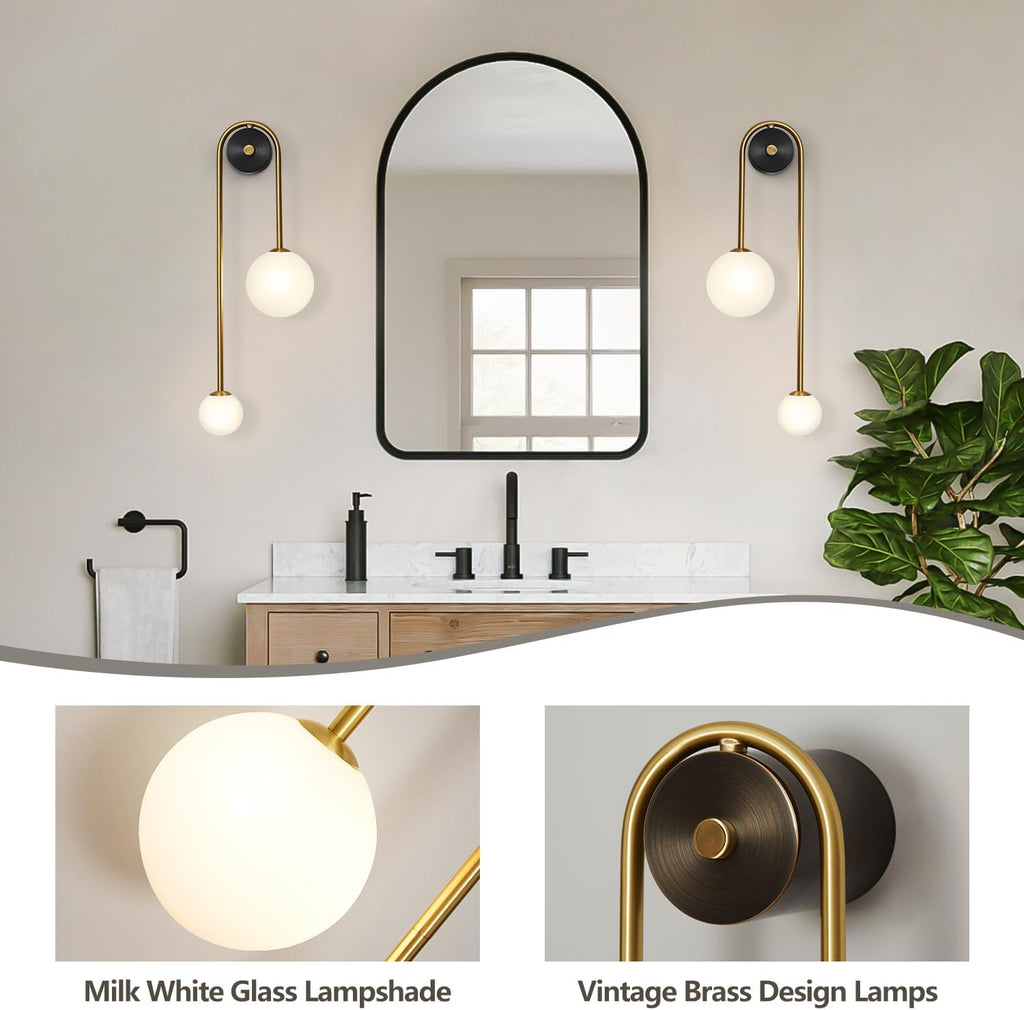 Globe Glass Wall Sconce, 2-Lights Gold Modern Brushed Brass Wall Mount Light, Mid Century Beside Wall Lamp with Glass Shade for Loft Living Room Bedroom