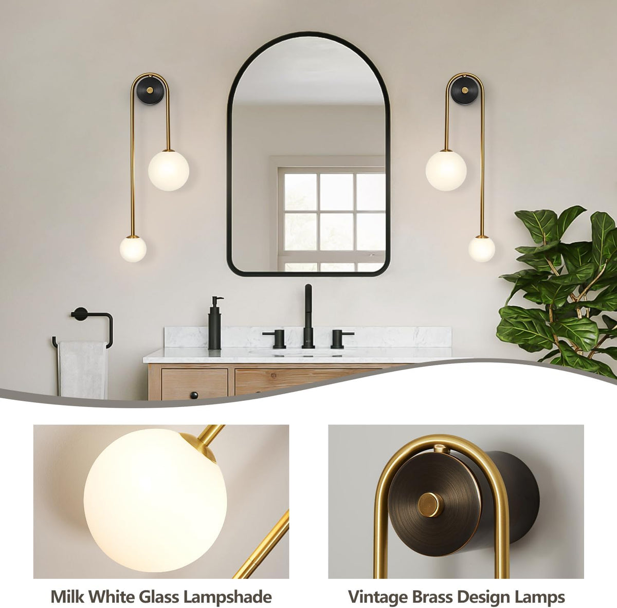 Globe Glass Wall Sconce, 2-Lights Gold Modern Brushed Brass Wall Mount Light, Mid Century Beside Wall Lamp with Glass Shade for Loft Living Room Bedroom