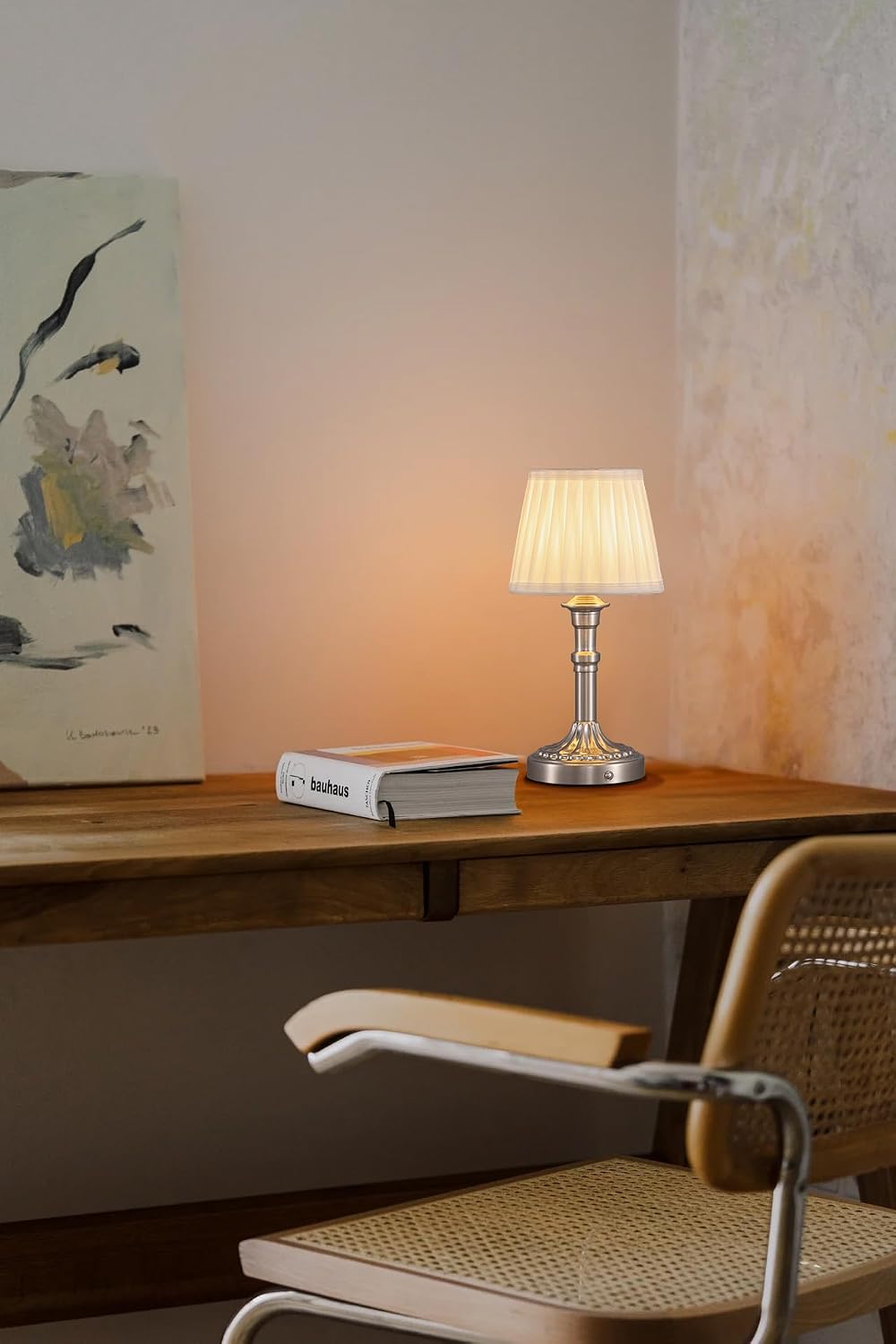 KDG Nickel Cordless Table Lamps Set of 2, Beige Fabric Shade Desk Lamp