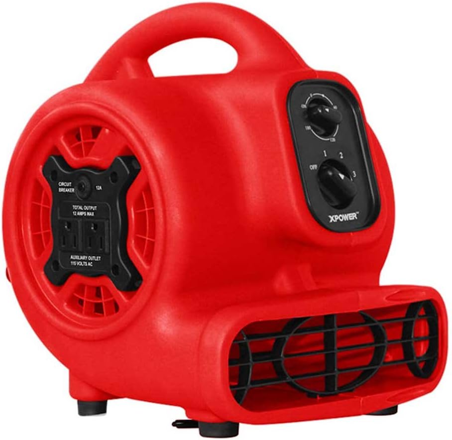 XPOWER P-230AT Mini Mighty 1/4 HP 925 CFM Centrifugal Air Mover, Carpet Dryer, Floor Fan, Blower, Stackable, Daisy Chain, for Water Damage Restoration, Janitorial, Plumbing, Home Use, Red