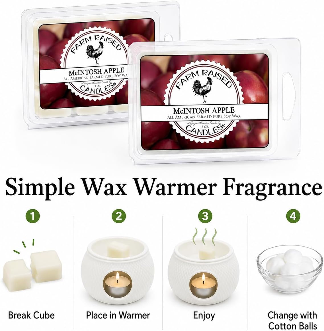 USA Made - Hand Crafted - McIntosh Apple Wax Melts Warmer Cubes 6 Ounces 2 Pack - - Natural American Farmed Soy Wax. melt Cubes Farmhouse Fall