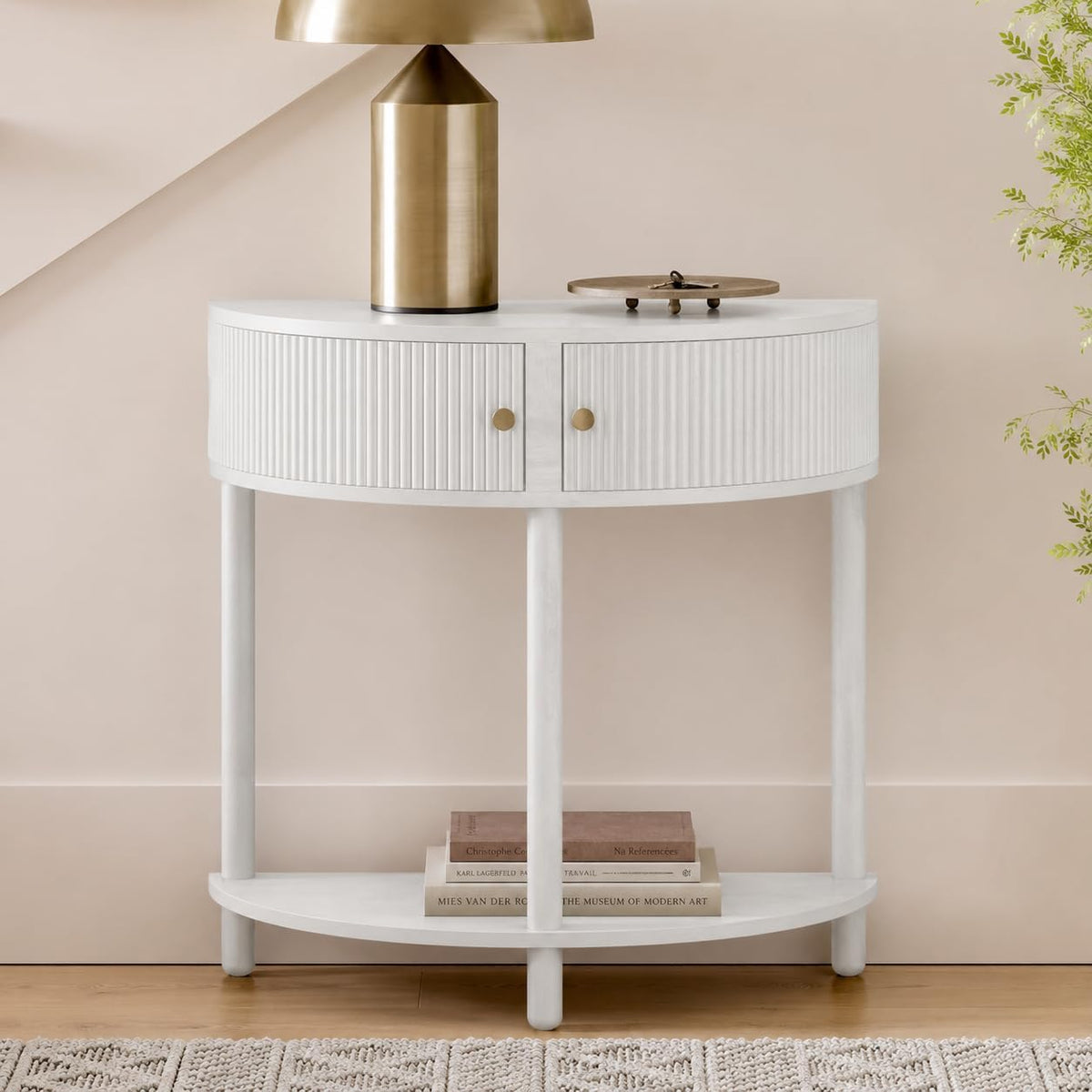 Stead Entryway Table Fluted Half Moon Console - Semicircular, Black Oak Veneer - Hidden Storage with Two Fluted Doors & Brass Knobs - Modern Narrow Console Table for Living Room & Hallway