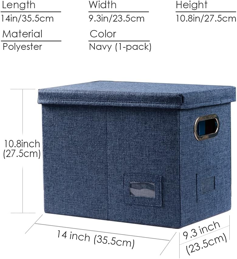 File Organizer Box - Set of 1 Collapsible Decorative Linen Filing Storage Hanging File Folders with Lids Office Cabinet Letter Size Navy Blue (14x9.3x10.8 inch)