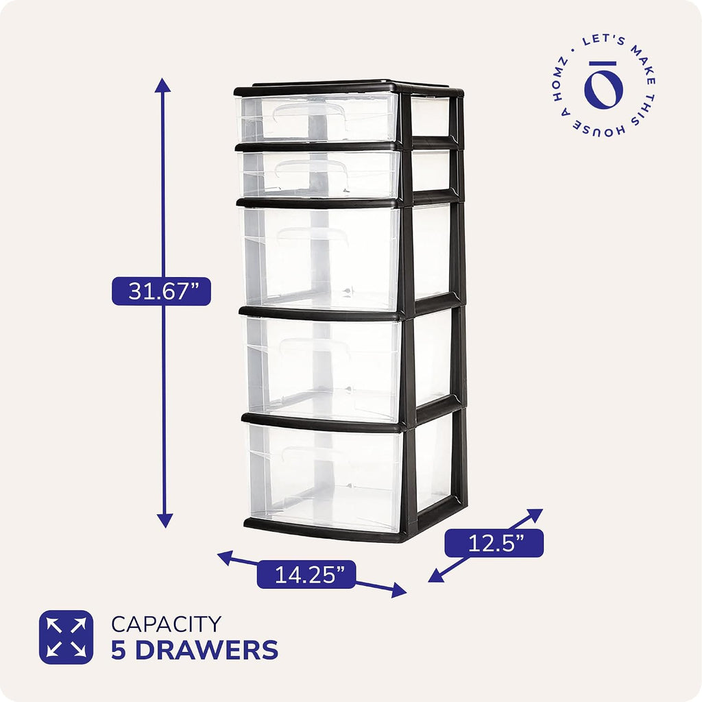 HOMZ Drawer Tower, 5-Tier Storage Organizer Unit, Black Frame